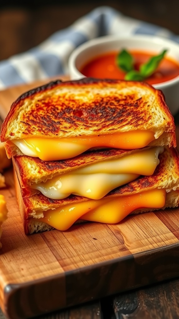 Golden brown grilled cheese sandwich filled with four types of cheese, served with tomato soup.